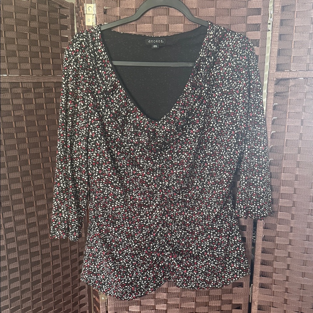 George Black Floral Ruched V-Neck Blouse with Red and White Accents